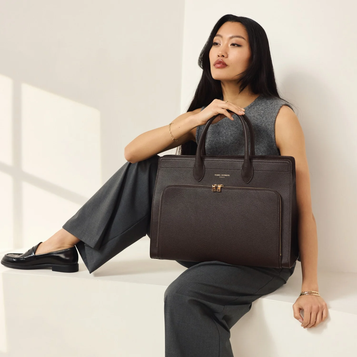 Isabel Bernard Honoré Nadine Brown Calfskin Leather Handbag with Laptop Compartment IB25087 - Image 3